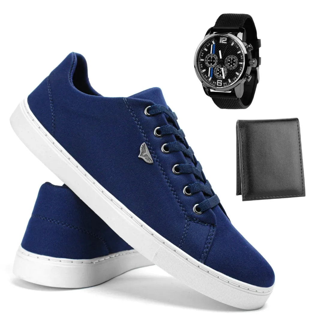 KIT 3 EM 1 - Sapatênis Masculino Em Couro Premium + Relógio + Carteira