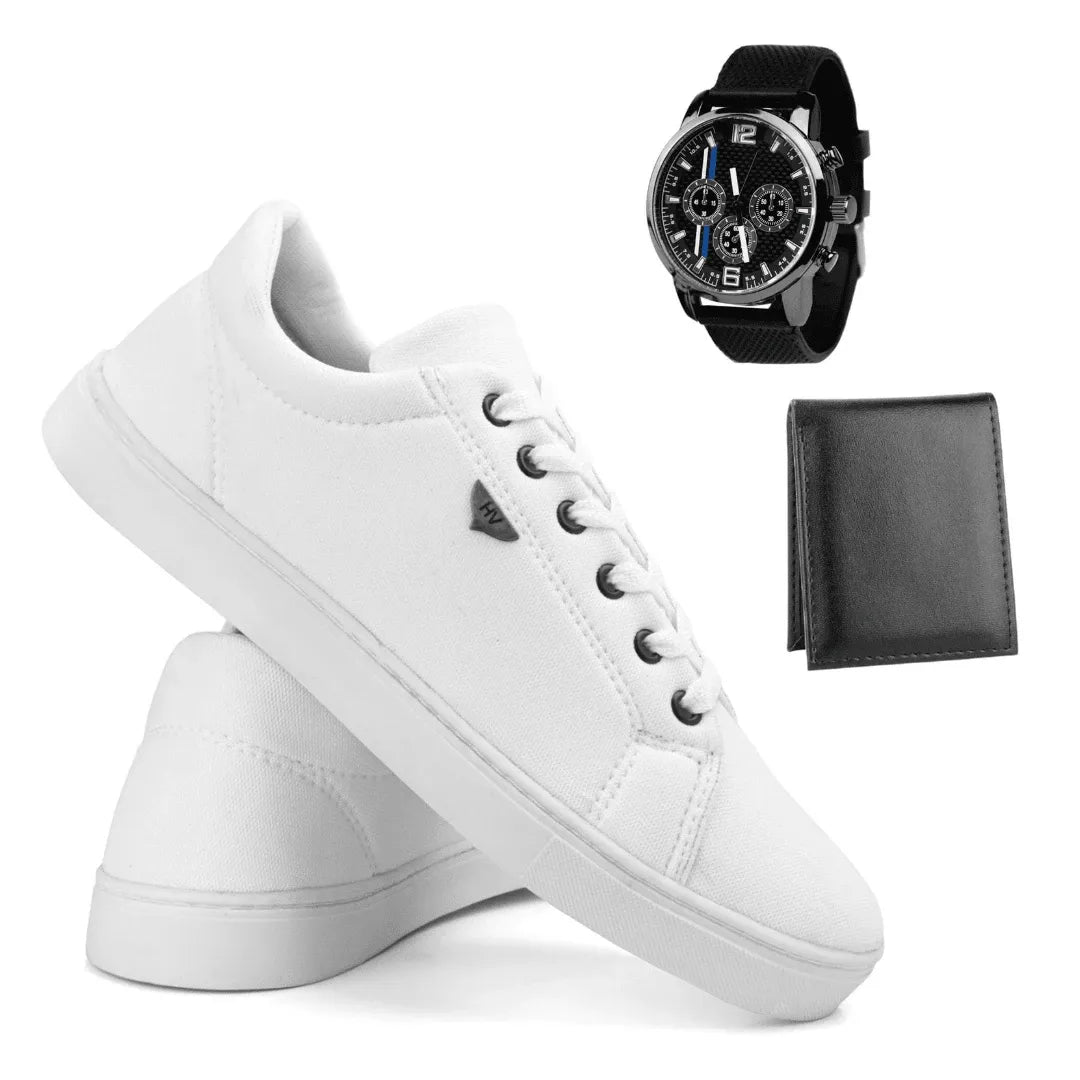KIT 3 EM 1 - Sapatênis Masculino Em Couro Premium + Relógio + Carteira