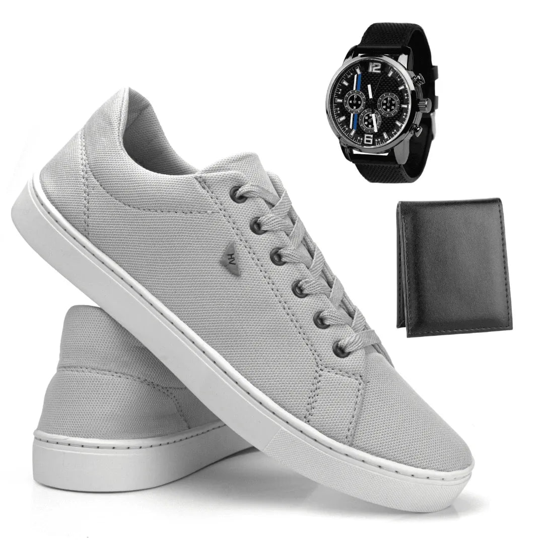 KIT 3 EM 1 - Sapatênis Masculino Em Couro Premium + Relógio + Carteira