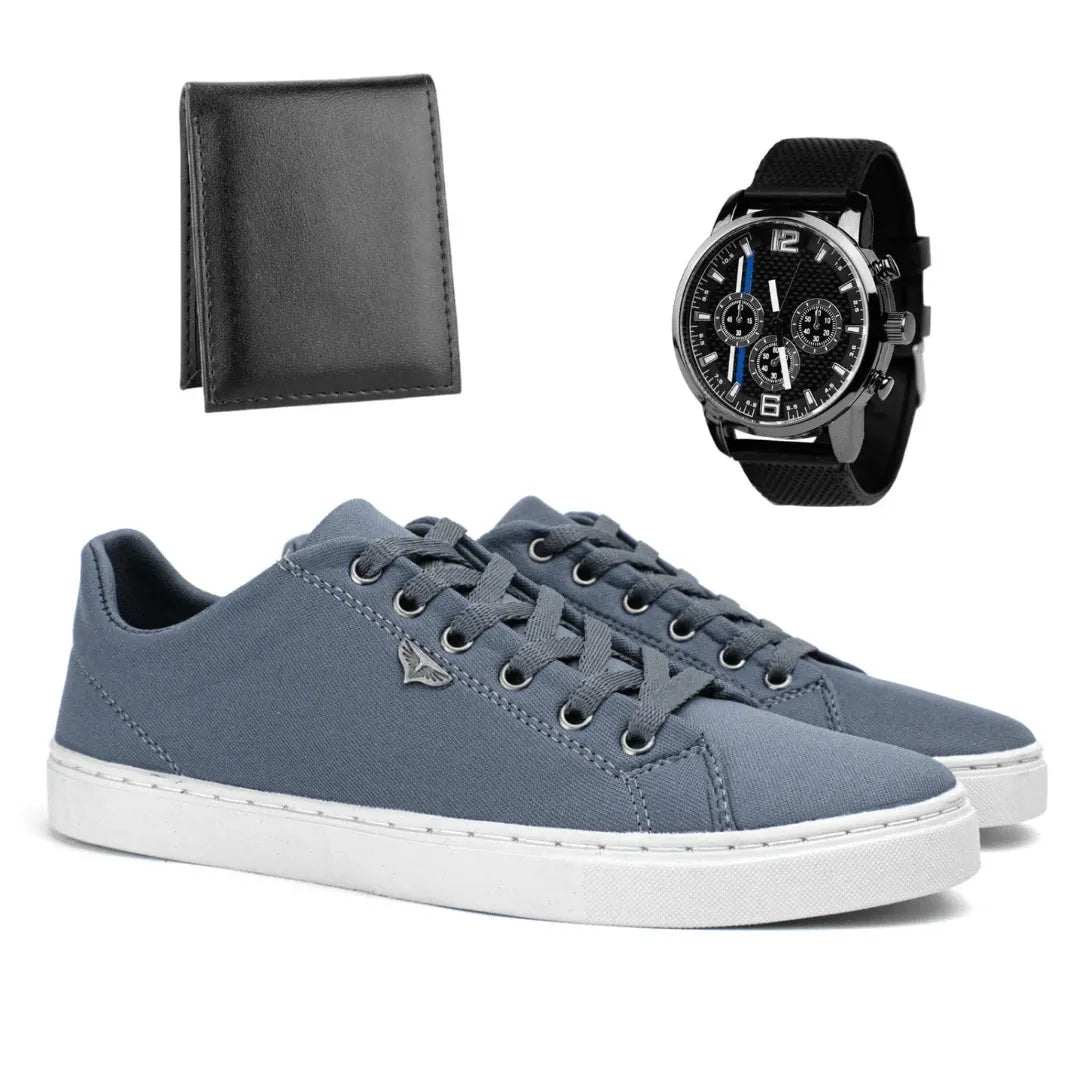 KIT 3 EM 1 - Sapatênis Masculino Em Couro Premium + Relógio + Carteira