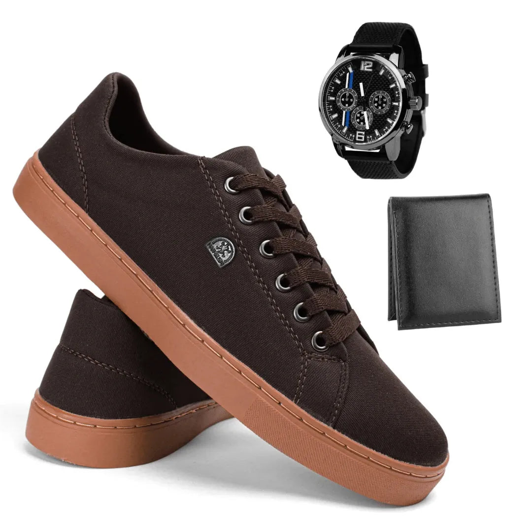 KIT 3 EM 1 - Sapatênis Masculino Em Couro Premium + Relógio + Carteira